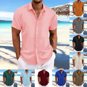 New Men's Cotton and Linen Striped Jacquard Casual Loose Short Sleeve Shirt