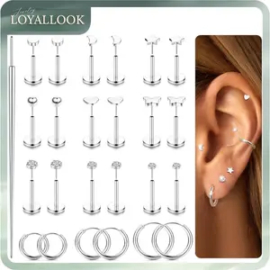 LOYALLOOK Threadless Flat Back Earrings 316L Surgical Steel Cartilage Earrings for Women Men Hypoallergenic Small Hoop CZ Push in Flatback Stud Earrings 20G 18G Flat Back Nose Stud Tragus Helix Conch Piercing Jewelry