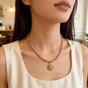 Trendy Sunflower Charm Pink Beaded Necklace| Non-Fading Titanium Steel for Layering