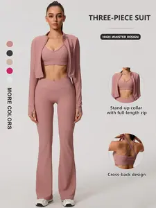 Women's Yoga 3-Piece Set, Cross Back Sports Bra, Zipper Jacket, High Waist Pants, Breathable, Sporty, All Seasons