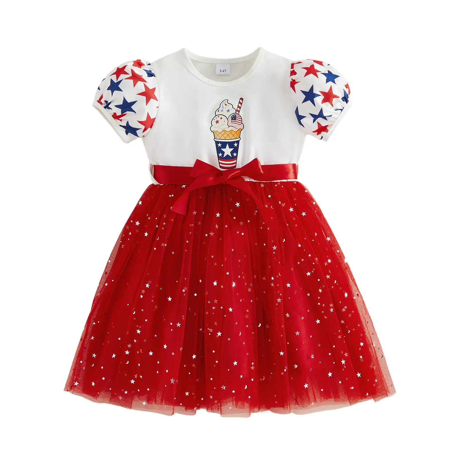 Canrulo Toddler Little Girl 4th of July Outfit Ice Cream Star Print Dress Tulle Skirt Cute Summer Clothes Independence Day
