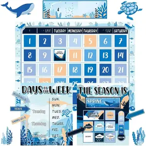 Ocean Sea Calendar Bulletin Board Set for Classroom Decoration Sea Animals Calendar Seasons Weather Chart Ocean Theme Fish CTP Bulletin Board Paper-Cuts for Teachers Elementary School