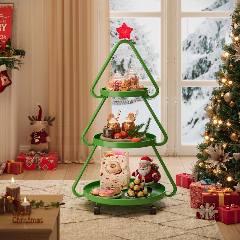 【New Year New Me】Pinmoco Christmas Tree Snack Shelf Cart, Halloween & Christmas Decorations Cupcake Tray Holiday Festival Wedding Bar Party Supplies, 3-Tier Rolling Stand for Festive Decor & Food Display