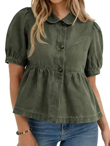 Women's Button Front Denim Shirt Short Bubble Sleeves A-Line Hem Casual Summer Loose Fit Jean Top