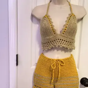Handmade Crochet Two Piece Short Set - Yellow and Beige Crochet Top & Shorts Set for Handmade Fashion