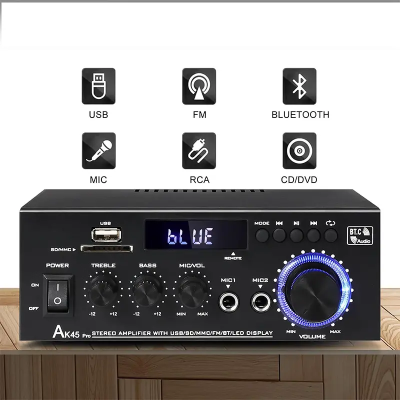 AK45 Pro Bluetooth 5.0 Stereo Amplifier Receiver, 2.0 Channel Home Audio Amp For Home Theater Speakers, Supports USB, SD, RCA & Dual MIC Input, Ideal For Karaoke, Garage & Home Use