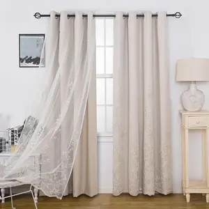 Double Layer Embroidery Curtain, Window Drapes, 1 Count Modern Simple Lace Hole Top Curtain, Home Decoration Curtain for Living Room Bedroom, Room Divider Curtain