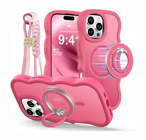 XYZ for iPhone 16 17 Pro Max MagSafe Compatible Magnetic Soft Silicone Ring Holder Curly Wavy Frame Hard Translucent Matte Back Shockproof Case with Lanyard