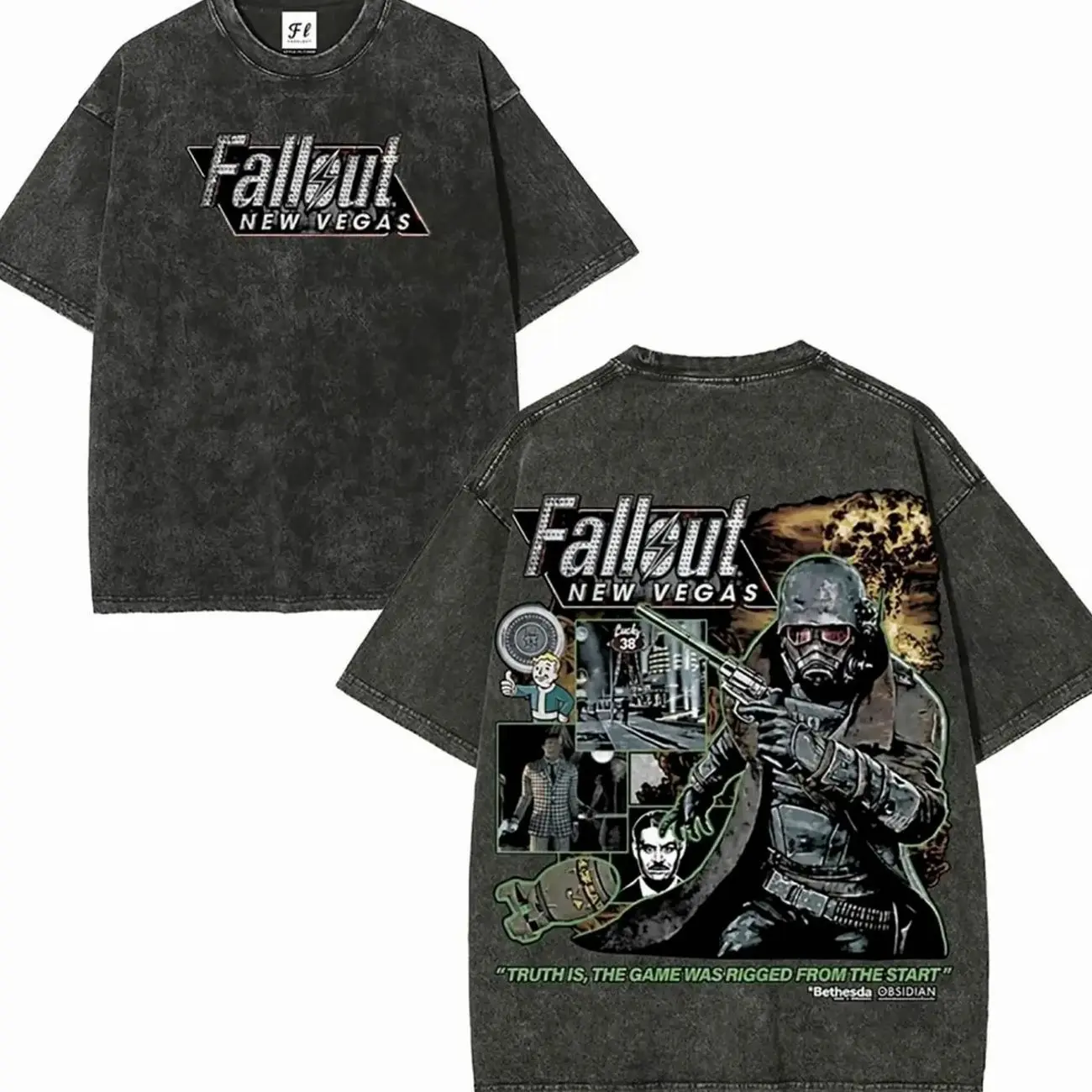 Vintage Fallout 3 New Vegas Green Wash Unisex Cotton T-Shirt Retro Gaming Tee for Gamers & Casual Wear Double-Side Washed Graphic Top Round Neck Streetwear Shortsleeve Menswear Tshirt 7R5 OPU