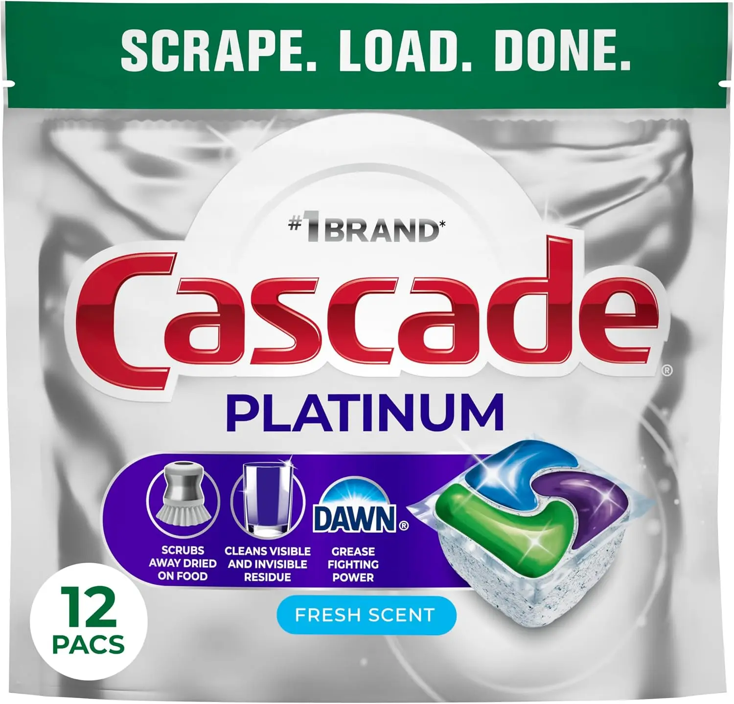 Platinum Dishwasher Pods, Fresh Scent, 12 Count, Powerful Grease and Food Removal