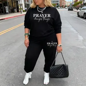 Plus Size Letter Print Two Piece Set Cozy Oversized Crewneck Sweatshirt & Lounge Pants Casual Matching Outfit Prayer Changes Things Womenswear Clothes Everyday Trouser