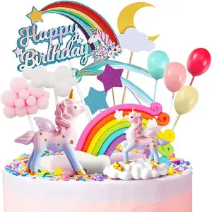 Unicorn Cake Topper, 2 Magic Unicorns Sculpture, 1 Rainbow, 1 Happy Birthday Banner, 2 Cloud, 4 Balloon, 12 Stars, 1 Moon, Cake Decoration For Girl Kid Women Birthday Party
