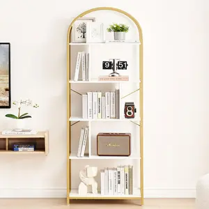 70.87 "H gold 5-layer bookshelf with arched display rack, high standing bookshelf with shelves, metal bookshelf storage organizer, industrial display vertical shelf unit for bedrooms and living rooms