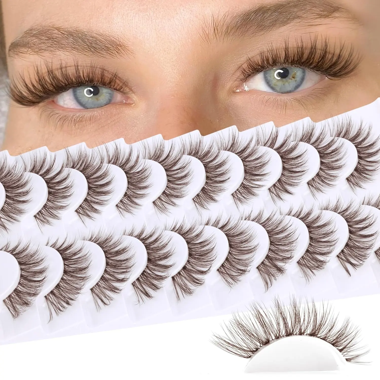 10 Pairs Dark Brown Cat Eye False Eyelashes, 16Mm Wispy C Curl Faux Mink Strip Lashes, Natural Look Lightweight Reusable Volume Eyelashes