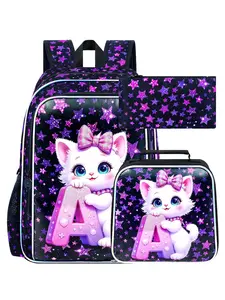 3pcs Cute Cat Backpack Set for Girls, Starry Cat Design, Includes Insulated Lunch Bag & Pencil Case, Ideal for All Seasons