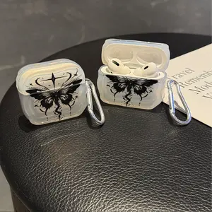 Black butterfly totem Protective Case Cover for Apple AirPods 1/2/3/4/Pro/Pro2 TPU Texture Lightweight and Durable Anti-Scratch Shockproof Earphone Charging Box Accessory With Buckle