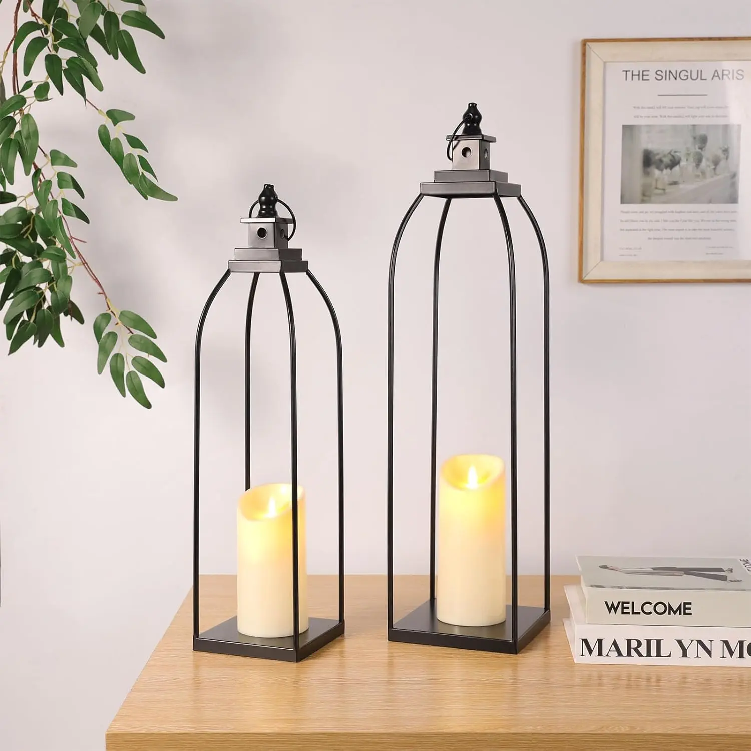 19'' 22'' Decorative Candle Lanterns, Large Farmhouse Decorative Metal Lanterns with 2 Flameless Candles, Black Candle Lanterns for  Porch Fireplace Decor & Indoor and Outdoor Use