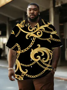 Men's Gold Chain Print Shirt, Vintage Luxury Style, Loose-Fit, Breathable, Casual Summer Wear, Trendy Daily