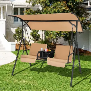 [Costway] 2/3 Person Porch Swing, Outdoor Swing with Pivot Storage Table, Cooler Bag, 2 Cup Holders, Removable Cushions, Patio Swing with Canopy for Backyard Balcony Poolside, springtok