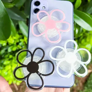Magnetic Flower Phone Grip, Cute Round Resin Phone Holder & Stand, Aesthetic Design in White, Black, Green, Brown & Purple
