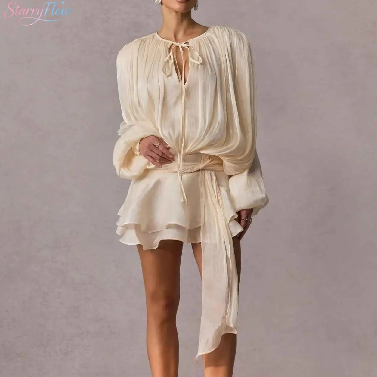 Women's Ruffle Mini Dress Long Lantern Sleeve Tie-up Front Solid Color Pleated Dress Short Flowy Dress - TikTok Shop Women's Ruffle Mini Dress Long Lantern Sleeve Tie-up Front Solid Color Pleated Dress Short Flowy Dress - TikTok Shop
