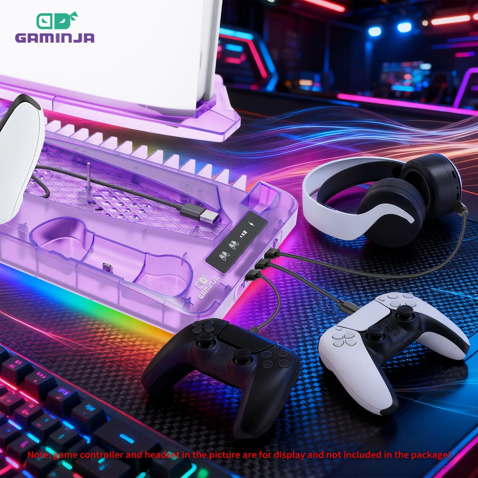 Gaming Console Charging Base, Dual Charging Stand with Earphone Hook, Vertical Cooling Support, Console Accessories for PS5 Controller