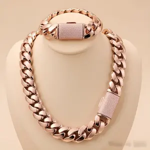 Rose Gold Vacuum Plated + Zircon Stainless Steel Miami Cuban Link Chain & Copper Flip Clasp Unisex Hip Hop Necklace or Bracelet 14-22mm Elegance 7.5-30"