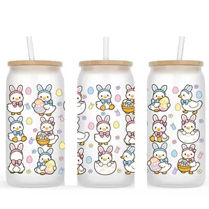 Easter Ducks Frosted Glass Cup With Bamboo Lid and Reusable Straw. Sizes 16oz or 20oz Available.