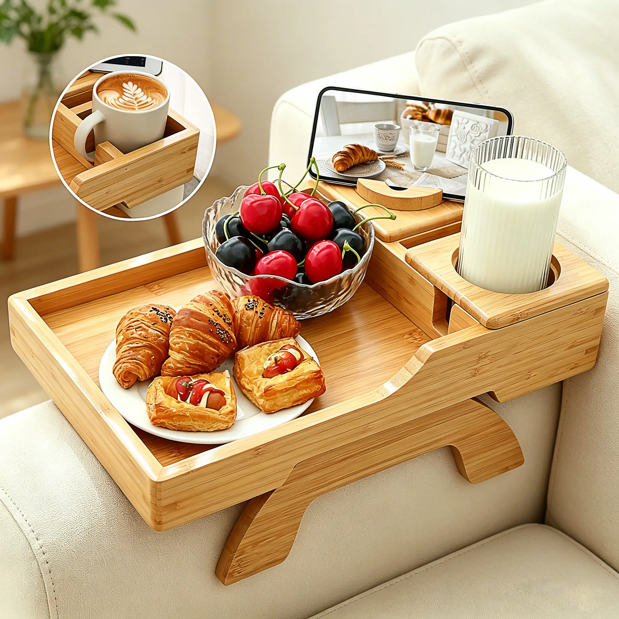 4-in-1 Bamboo Couch Armrest Tray - Clip-On Cup Holder, 360° Phone Stand, Anti-Slip Sofa Side Caddy for Drinks & Snacks, Ideal Gift for Spouses & Parents, Compatible with Desk, Gaming Desk & Coffeetable,Independence Day Deals