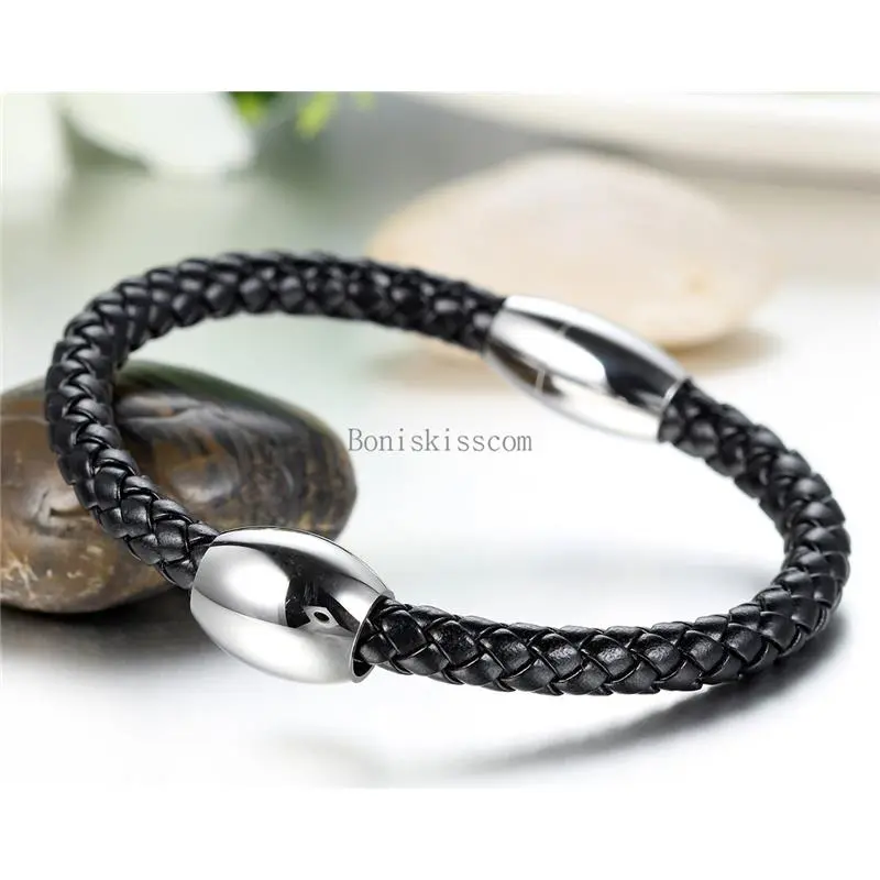 Men‘s Black Braided Leather Rope Bracelet Cuff Bangle Stainless Steel Clasp