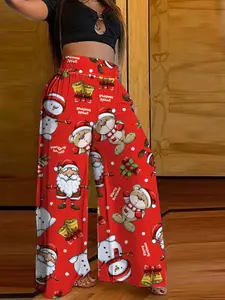 Women's Christmas Themed Cartoon Print Shirred Wide Leg Pants, Casual Comfy Elastic Waist Trousers for Daily Wear, Ladies Bottoms for All Seasons