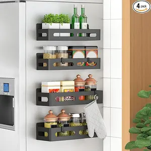 4 Pack Magnetic Spice Rack for Refrigerator, Spice Rack Organizer, Moveable Magnetic Shelf Fridge Organizer with 4 Hooks for Kitchen and Oven Organization, Black