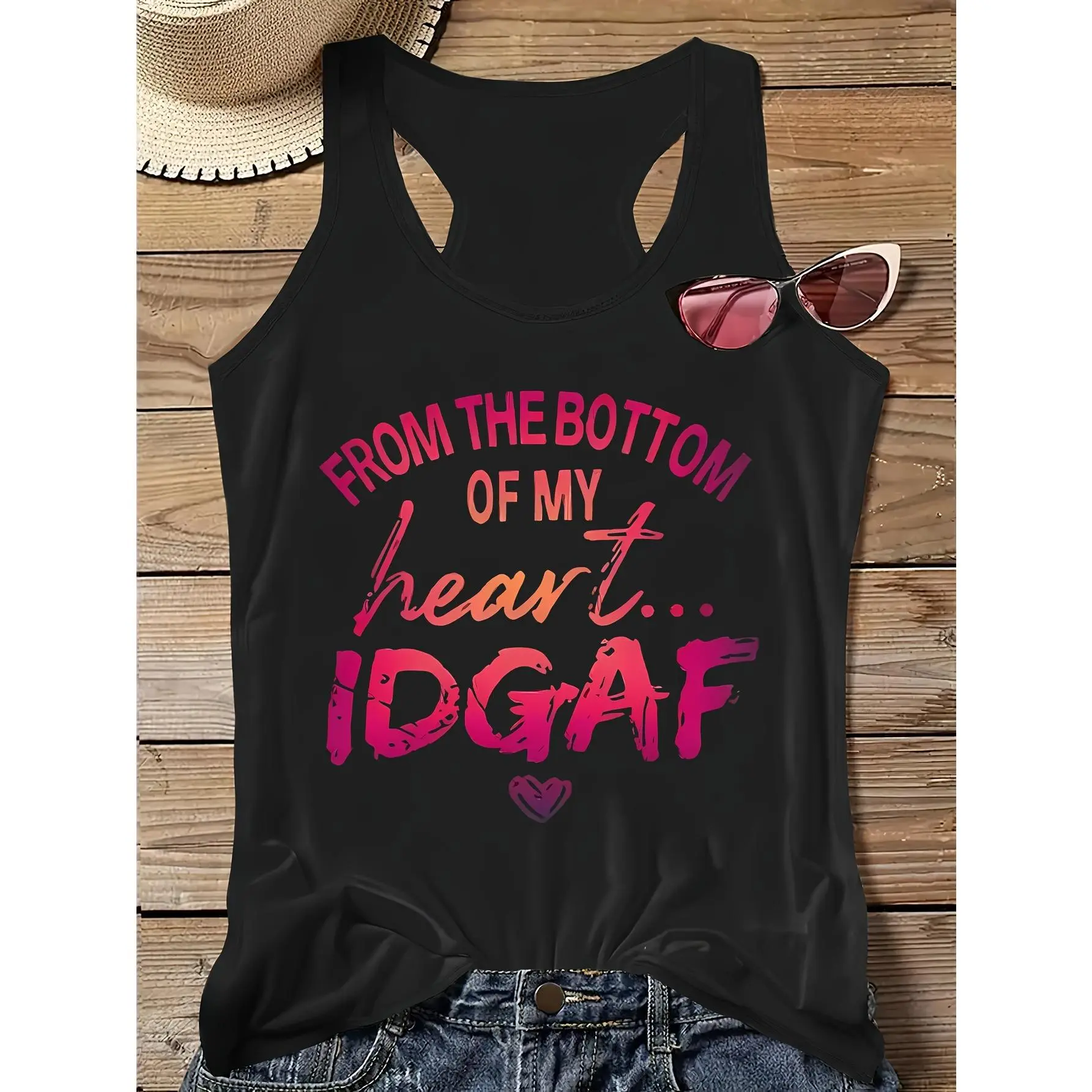 Women's Slim-Fit Crew Neck Cute Graphic Tank Top - Heart Letter Gradient Print, Soft Fabric, Oversized Option, Summer Wear, Workout Outfit