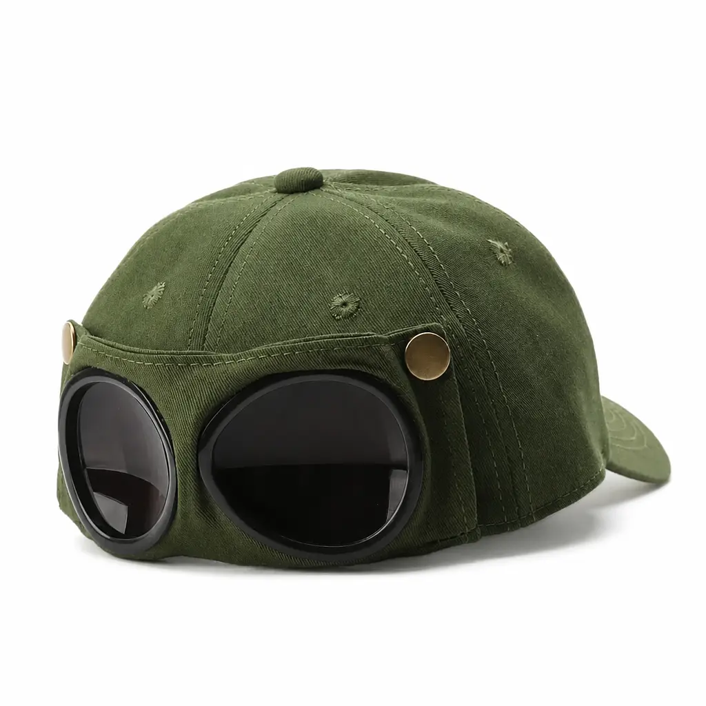 Retro Aviator Goggle Baseball Cap for Men. Durable canvas, flip-up goggles, curved sun visor & breathable mesh lining. Great for driving, outdoor & daily wear, cool gift choice.