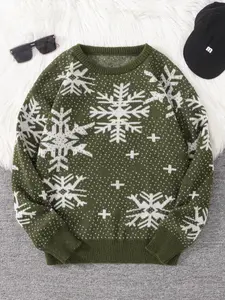 Men's Cross & Snowflake Pattern Drop Shoulder Sweater, Regular Fit Casual Long Sleeve Round Neck Jumper for Fall & Winter, Fashion Men's Knitwear for Daily Wear