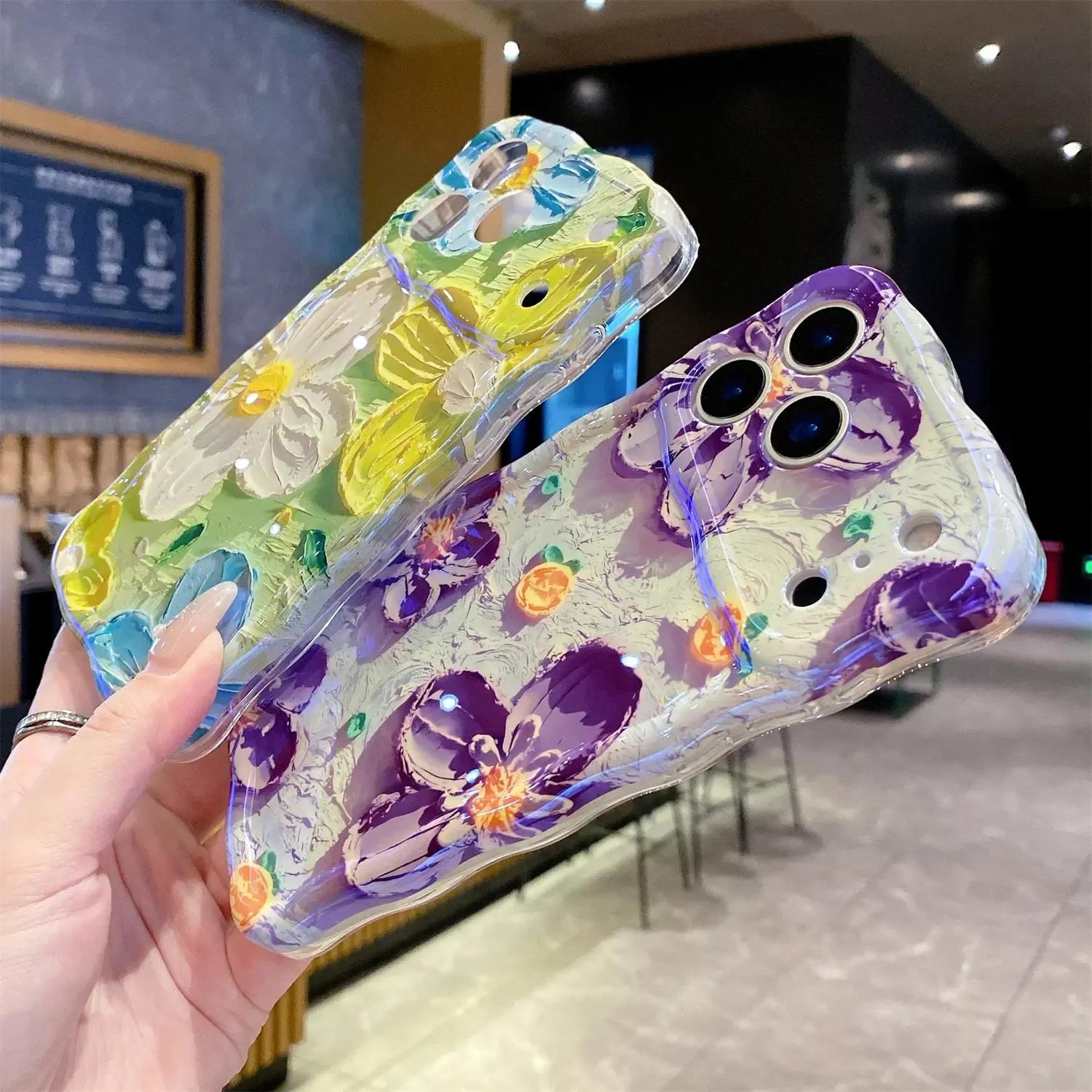 Laser Colorful Retro Oil Painting Flower Pattern for iPhone 17 Pro Max/17 Air 16 15 14 13 Pro Cute Curly Wave Frame Exquisite Phone Case for Girls Women, Shockproof TPU Protective Phone Cover