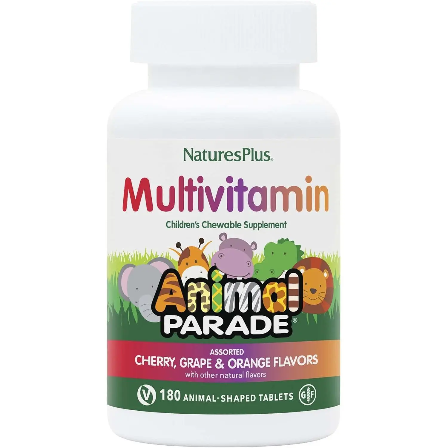 NaturesPlus Animal Parade Children's Chewable Multivitamin Bottle - 180 Animal-Shaped Tablets, Natural Assorted Flavors, Vegetarian, Gluten-Free - 90 Servings