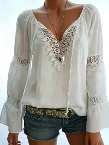 Women's Spring Summer Vintage Lace Patchwork V-Neck Blended Linen Top, Elegant Comfortable Loose Daily Commuter Shirt