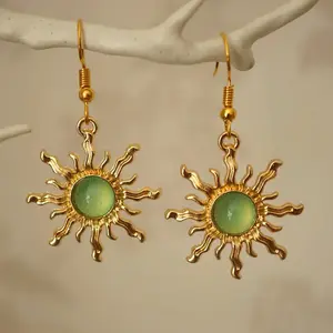 Vintage Sun Earrings Women Fashion Bohemian Jewelry Accessories Green Stone Gothic Gold Color Sun Pendant Cold Wind Ear Hook New