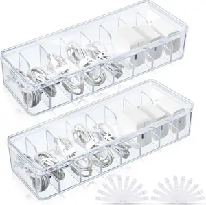 Tatuo 2-Pack Cable Organizer with 20 Wire Ties - Clear Plastic Cord Storage Box with Lid for Home Office Desk Organization and Accessory Management Tatuo