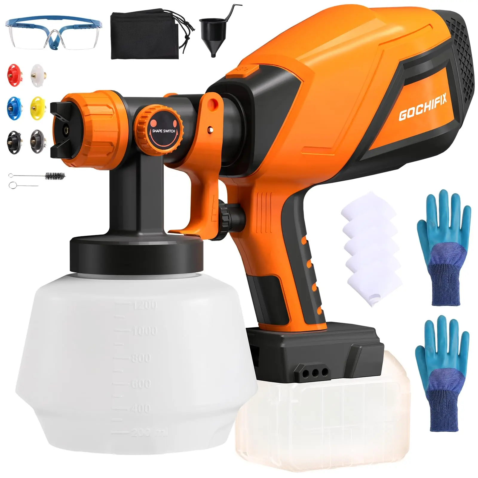 Cordless Paint Sprayer, HVLP Electric Spray Gun Compatible with Milwaukee 18V Battery(Not Included), 6 Nozzles, Adjustable Flow/Width, 1200ml Container, Easy to Clean, for House Painting Furniture
