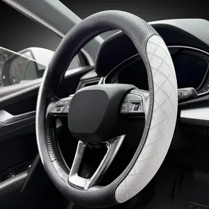 Nappa Leather Steering Wheel Cover, Elegant Diamond Checkered Design, Non-Slip wear-Resistant, Enhance Driving Comfort, Suitable for Steering Wheel Diameter 14 1/2'-15’ Models.Black White