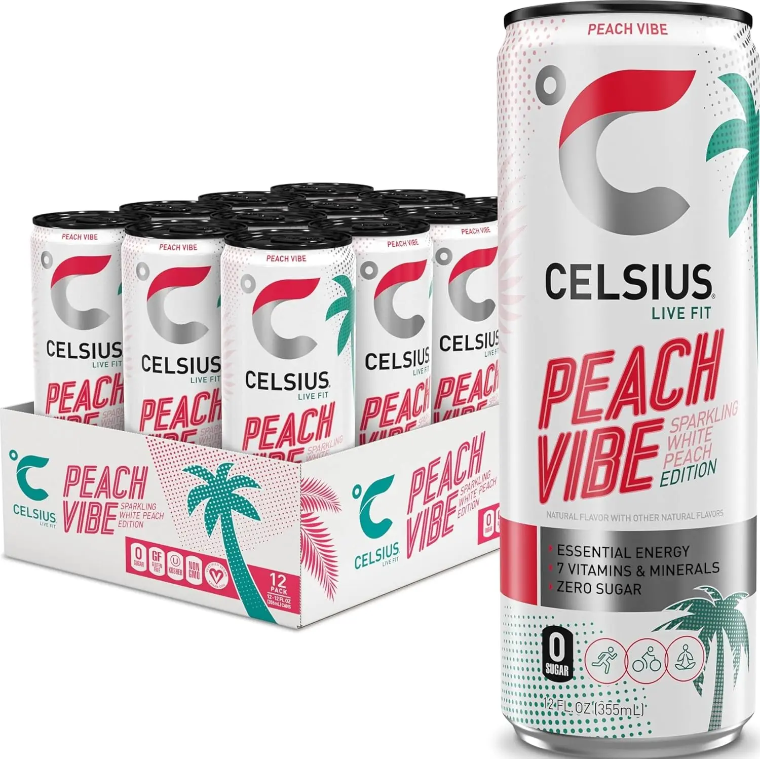 PEACH VIBE Sparkling White Peach, Sugar Free Energy Drink, 12 Fl Oz (Pack of 12)