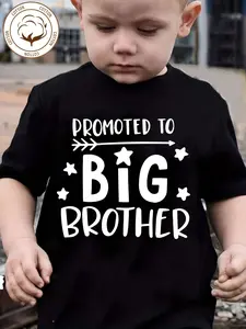 Boys' "Promoted to Big Brother" Sibling Announcement T-Shirt - Soft New Big Brother Graphic Tee with Stars & Arrows, Comfortable Round Neck Short Sleeve Casual Top for Teens, Birthday Party Outfit & Casual Attire (Ideal Brother Gift)
