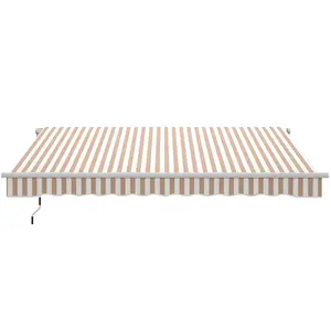 12 x 10 Foot Beige and White Manual Retractable Awning Outdoor Sunshade Shelter with Adjustable Versatile Design for Deck Balcony Yard Window Door Shade