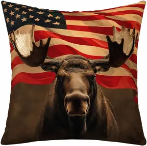 Huglina Patriotic Moose Throw Pillow 18x18 Inch, American Flag Wildlife Decorative Accent Cushion with Insert Included, Rustic Cabin Lodge Farmhouse Home Decor