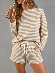 Women's Striped Loungewear Set #CoOrdSets - Long Sleeve Crewneck Top & Elastic Waist Shorts 2 Piece Matching Co-Ord Sets Outfit #stripeset, Casual Neutral Tone Cozy Comfortable Pajama Set #springsaledeals2026 for Lounge Homewear & Daily Wear