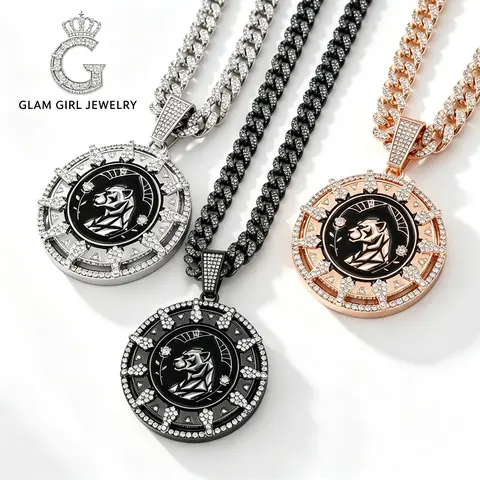 Men's Rotating Panther Bling Necklace - 3D Relief Medallion Pendant, Zircon Stones, Iced Link Metal Coating Chain, 24-in Fashion Accessory Decorative Necklace, Streetwear Style, Mens Gifts