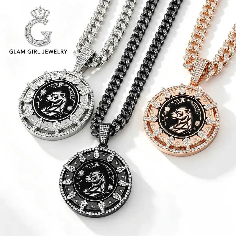 Men's Rotating Panther Bling Necklace - 3D Relief Medallion Pendant, Zircon Stones, Iced Link Metal Coating Chain, 24-in Fashion Accessory Decorative Necklace, Streetwear Style, Mens Gifts