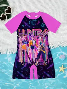 Girls K-Pop Series Jumpsuit, Summer Short Sleeve Quick-Dry Cyber Neon Cartoon Idol Print Swimwear, Children Beach Sea Vacation Swimming Suit